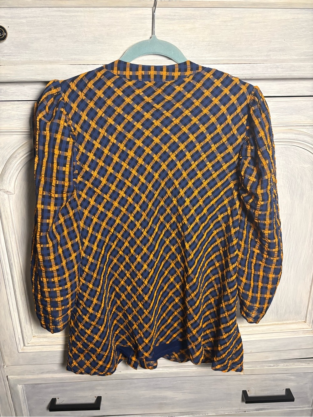 Anthropologie Eva Franco Textured Plaid Blouse Button Puff Sleeve Preppy Twee - Picture 13 of 13